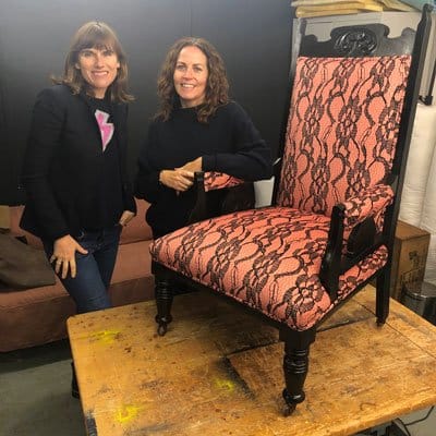 Sharon O'Connor with Money For Nothing TV presenter Sarah Moore. Showcasing reupholstered antique chair in Rebecca J Mills delicate one velvet fabric.