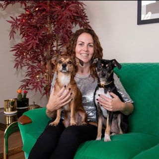 Vintique Upholstery owner Sharon O'Connor with rescue dogs Ruby and Reilly, sitting on Kirkby Design cloud quilted velvet green reupholstered sofa