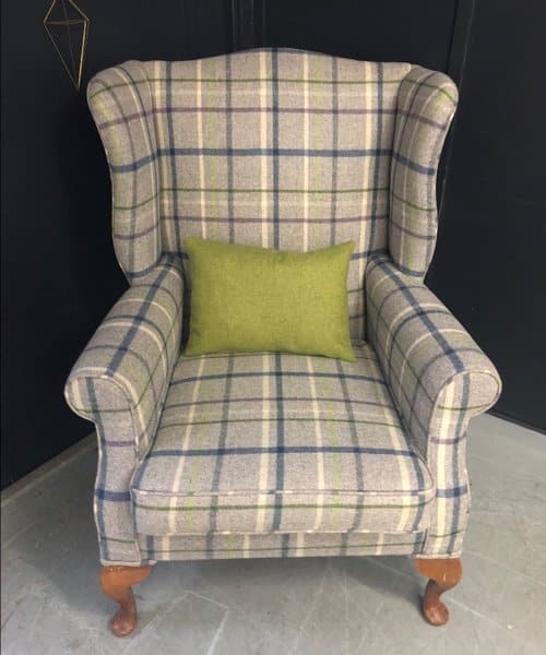 Reupholstered armchair in Abraham Moon & Sons fabric