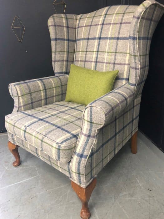Reupholstered armchair in Abraham Moon & Sons fabric