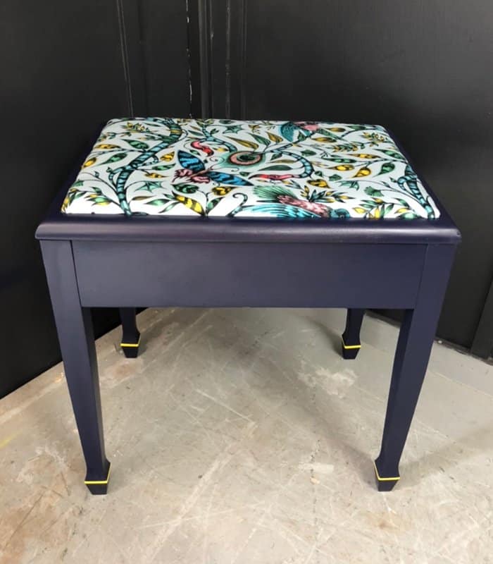Completed upcycled and upholstered vintage piano stool