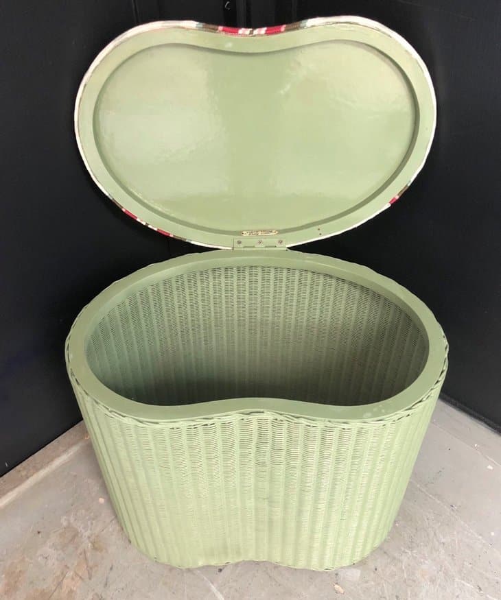 Lloyd loom laundry basket painted in green chalk satin paint from Homebase; striped fabric was an off-cut from a sample sale