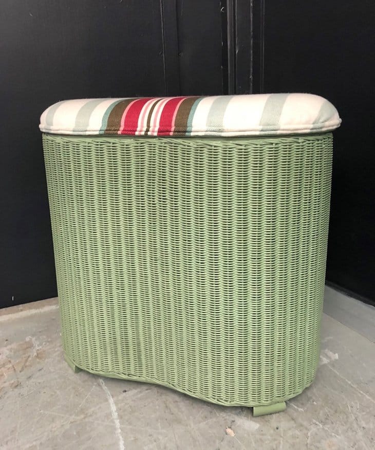 Lloyd loom laundry basket painted in green chalk satin paint from Homebase; striped fabric was an off-cut from a sample sale