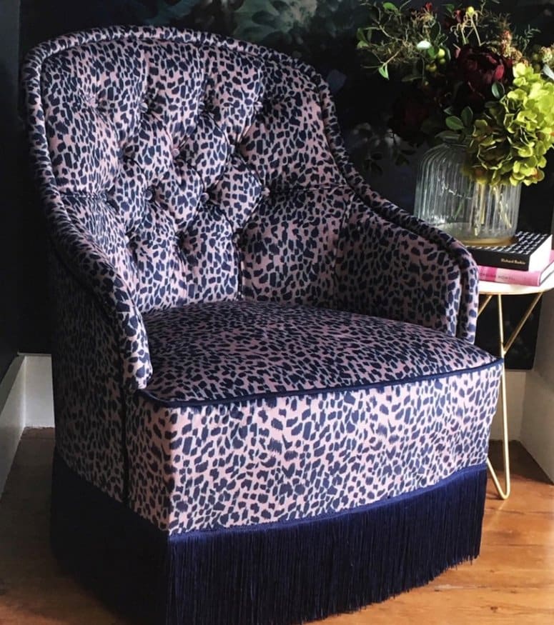 Reupholstered armchair in Rebecca J Mills fabric