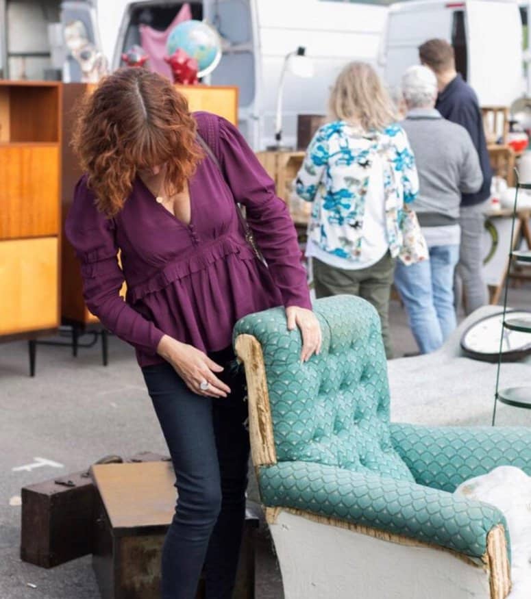 Sharon O'Connor browsing flee market for upholstery projects