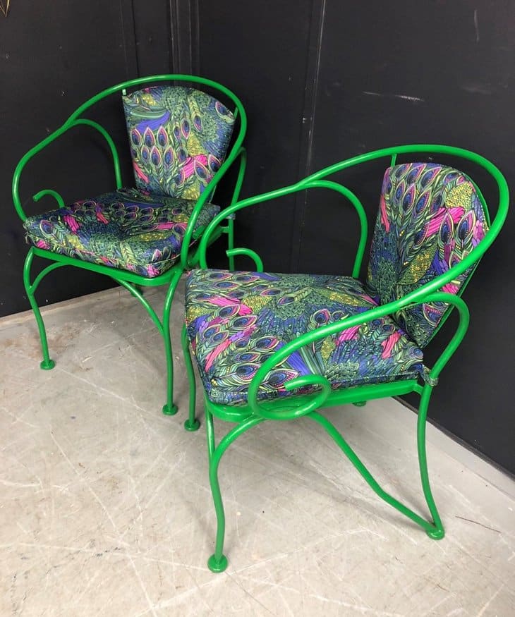 Repaired iron garden chairs in luminous green