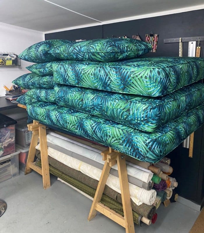 Alchemy & Fabric jungle theme fabric on outdoor sofa cushions