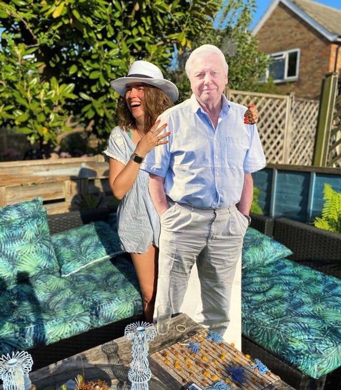 Cardboard cutout of David Attenborough amongst Lisa Potter-Dixon's outdoor sofa set