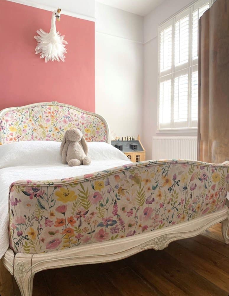 Reupholstered 1920's bed in Studio G Lolita Summer linen in child's bedroom