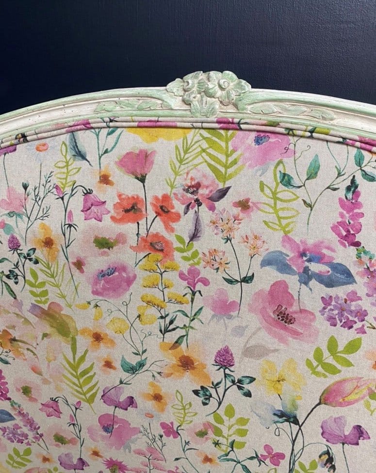 Studio G Lolita Summer linen fabric on reupholstered 1920's bed