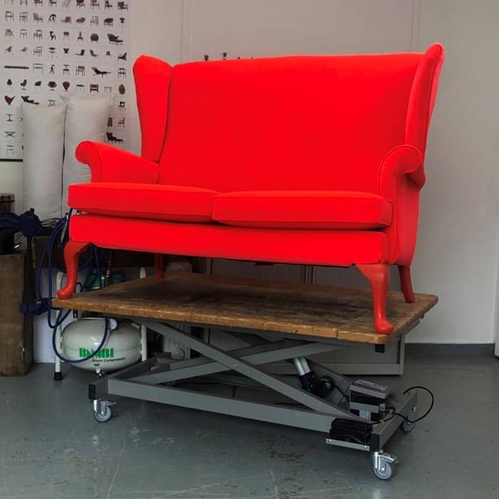 Reupholstered Parker Knoll sofa in neon velvet