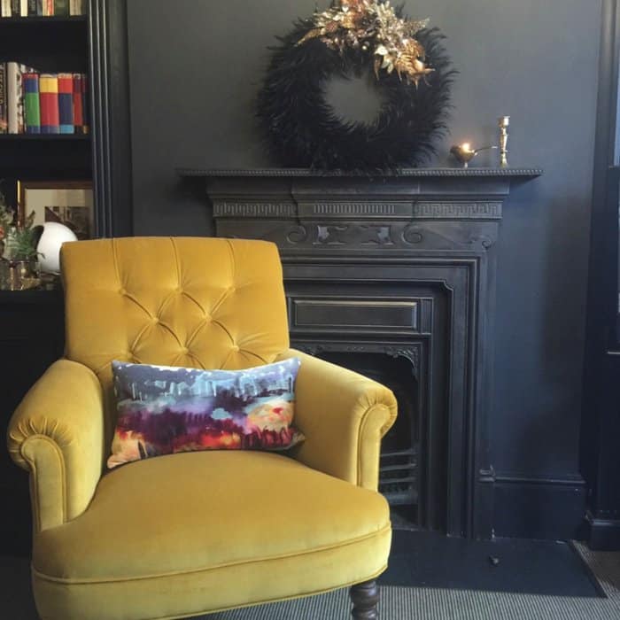 Reupholstered armchair in mustard velvet