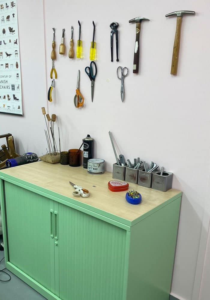 Reupholstery tools in upholstery workshop