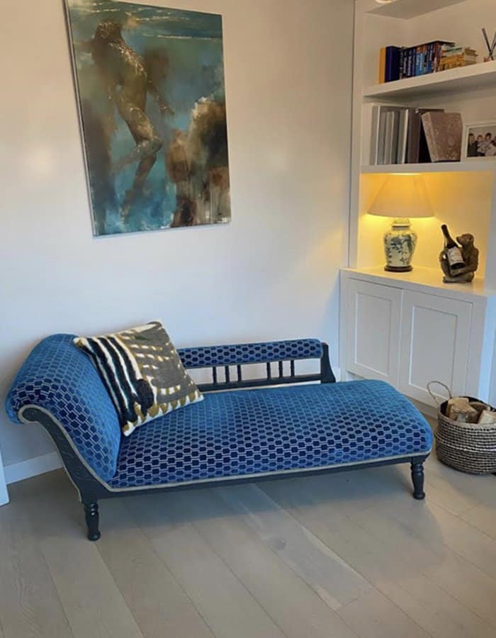 Reupholstered dark blue chaise lounge