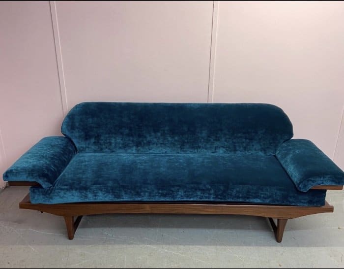 Blue velvet reupholstered sofa