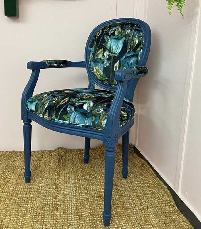 Green and blue floral upholstered chair