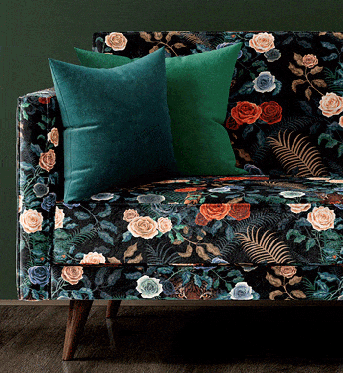 Becca Who floral fabric design upholstered on sofa