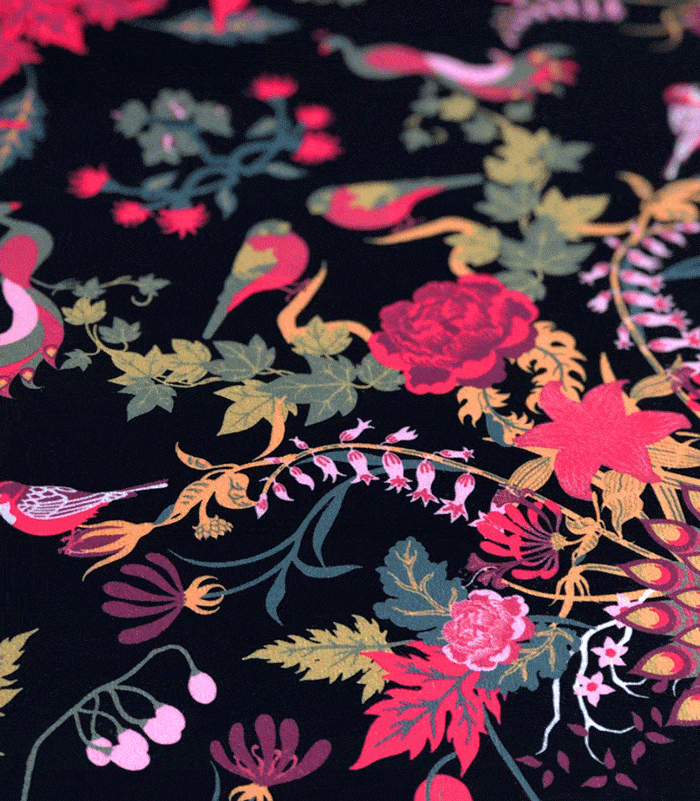 Becca Who's pink and black floral fabric design