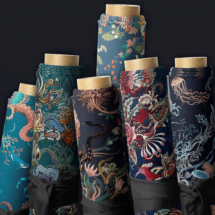 Becca Who's patterned fabric designs on rolls of material