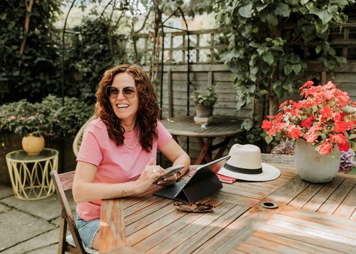 Vintique Upholstery personal branding photoshoot: Sharon O'Connor working from home in her garden