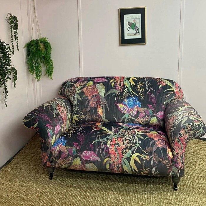 modern makkeover mulityork sofa upholstered with a Prestigious Textiles Botanist print in Ebony 