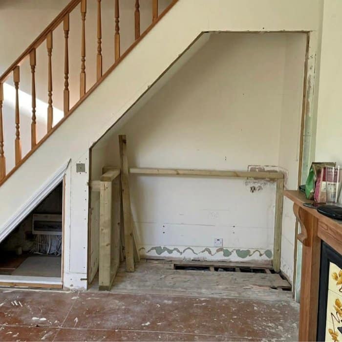 kitchen area being renovated into reading nook area