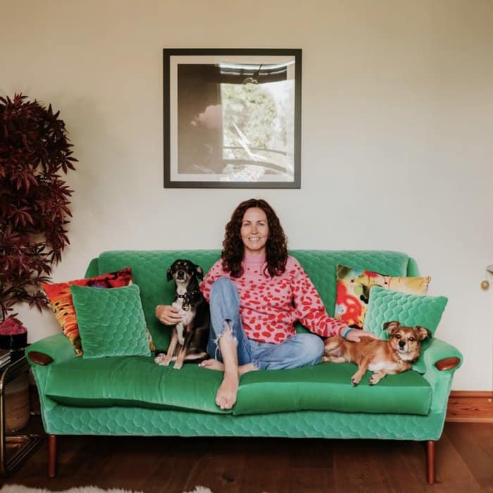 Vintique Upholstery's Sharon O'Connor with her pet dogs Ruby and Riley