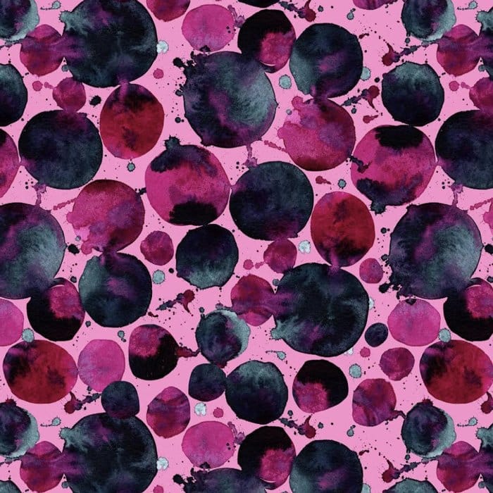 Indya Hanlon's surface painting design with pink and black circular patterns for her upholstered piano stool project