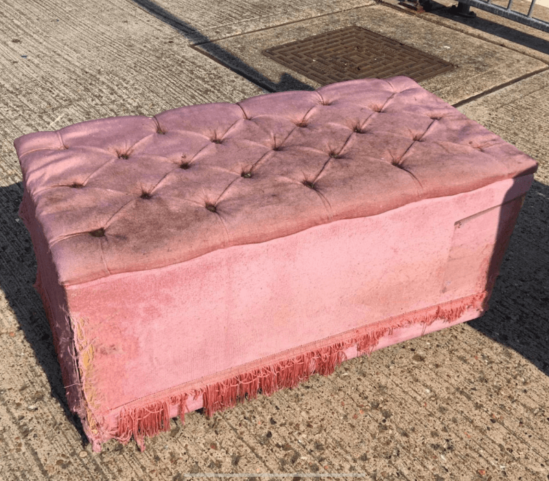 Pink, 1970's buttoned ottoman ready for repair and reupholstery