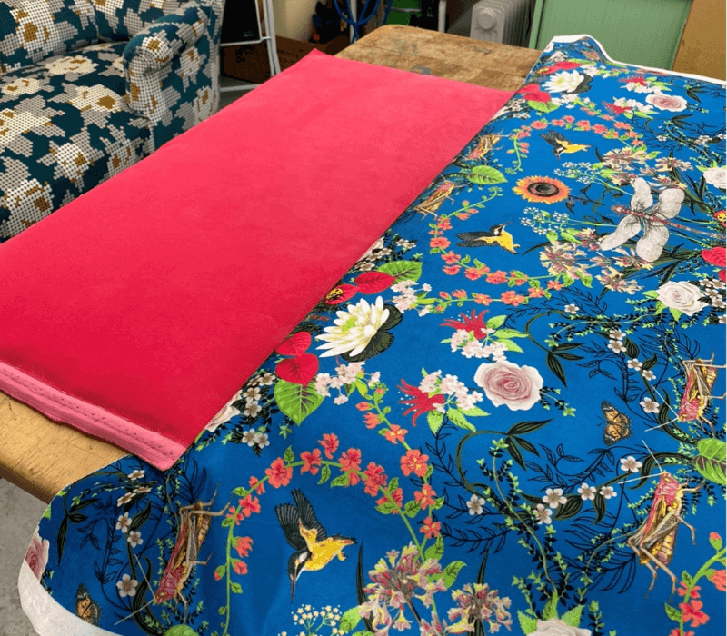 Pink velvet fabric alongside Becca Who Garden Treasures print fabric