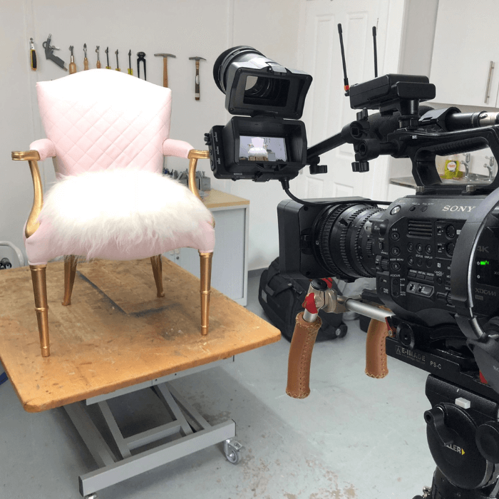 Pink chair in workshop during filming for BBC Money For Nothing TV show