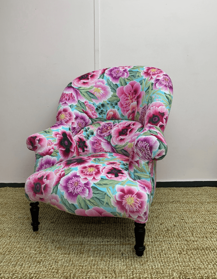 Napoleon III antique chair reupholstered in Diane Hill - Marsha velvet in Aqua/Peony/Magenta