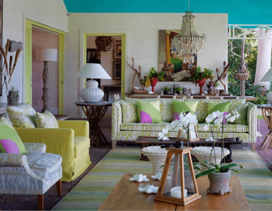 Seating upholstered in Willow by Kit Kemp for Christopher Farr