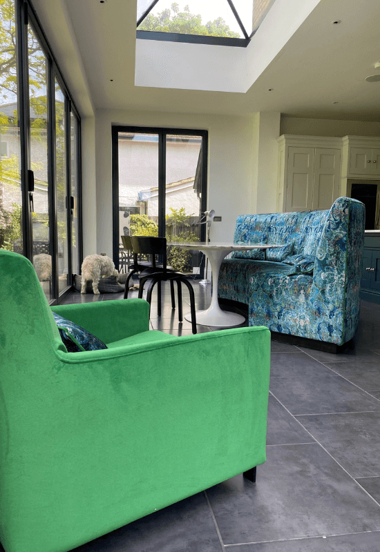 Banquette seating in Romo Black Maroque in colour Lazurite.