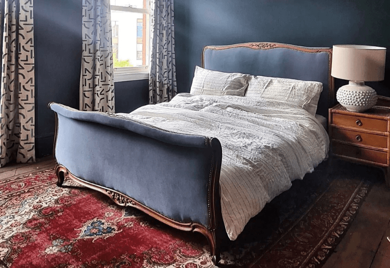 Bed upholstered in Kirkby smooth velvet, colour Wedgewood.