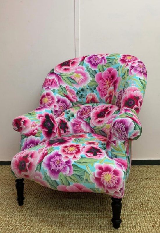 Chair upholstered in Diane Hill Marsha Velvet in shade magenta.