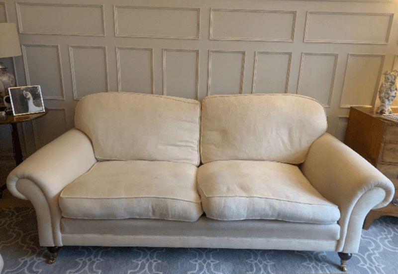 A client's sofa awaits reupholstery