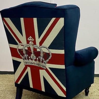 Union Jack Statement Wing back chair with Linwood fabric's navy moleskin