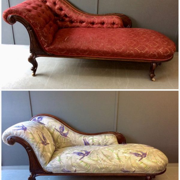 Bird Patterned Chaise Longue + before photo Before and after phots of a chaise longue in a red fabric recovered in a neutral fabric with a bird pattern