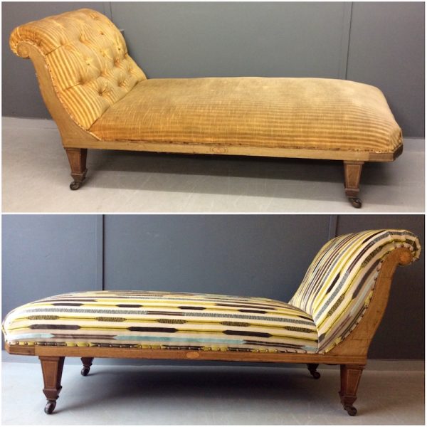 Chaise Longue Before and After – Vintique Upholstery Chaise Longue Before in a pale fabric and After reupholstery with a patterned fabric