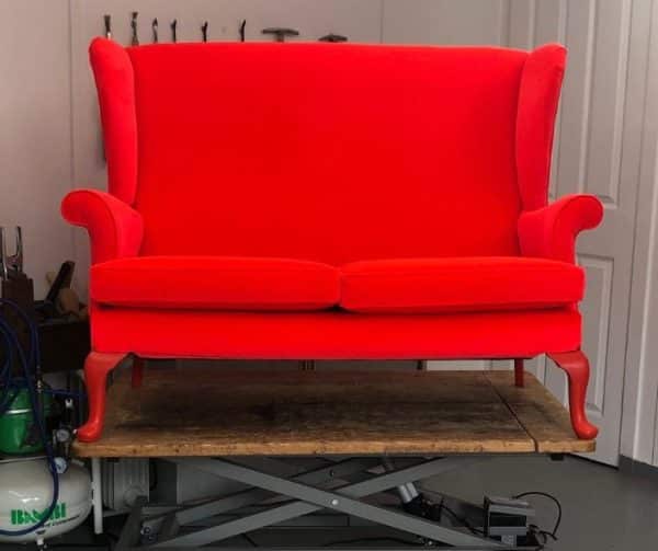 Mid-century high backed sofa in neon bright velvet