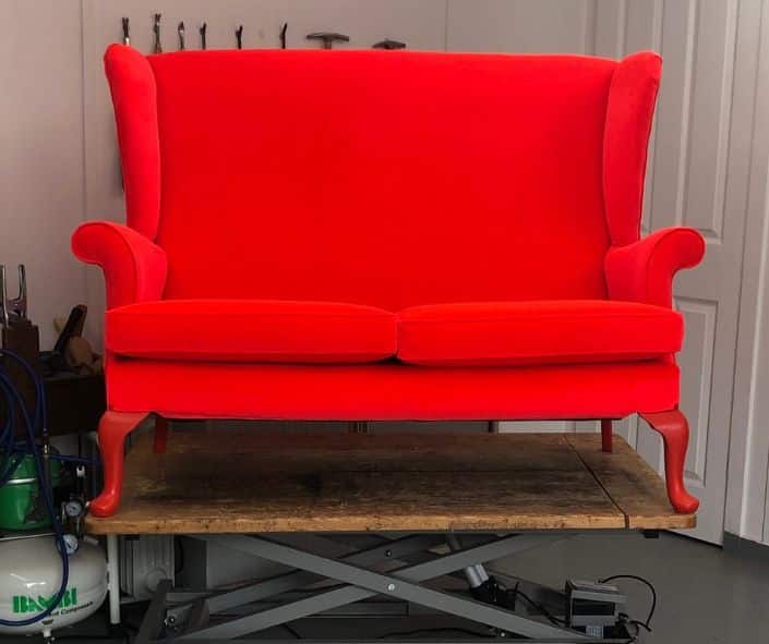 Mid-century high backed sofa in neon bright velvet