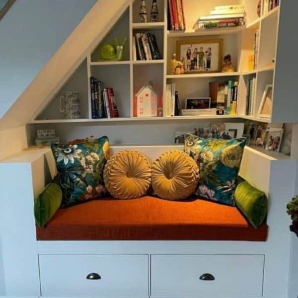Reading Nook Cushions – Vintique Upholstery Reading Nook Cushions in assorted fabrics on an orange fabric bench cushion