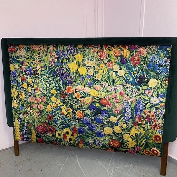 Reupholstered Headboard with strong, floral print and velvet surround Reupholstered Headboard with strong, floral print and velvet surround.