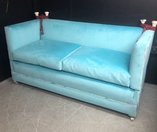 Reupholstered sofa in mid-blue velvet with contrasting piping