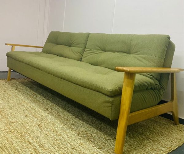 Reupholstered wooden framed sofa in green fabric