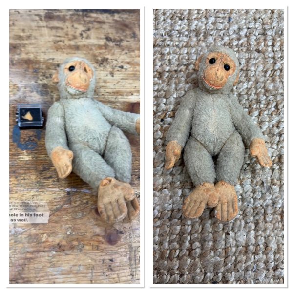 Before and after photos of a toy monkey