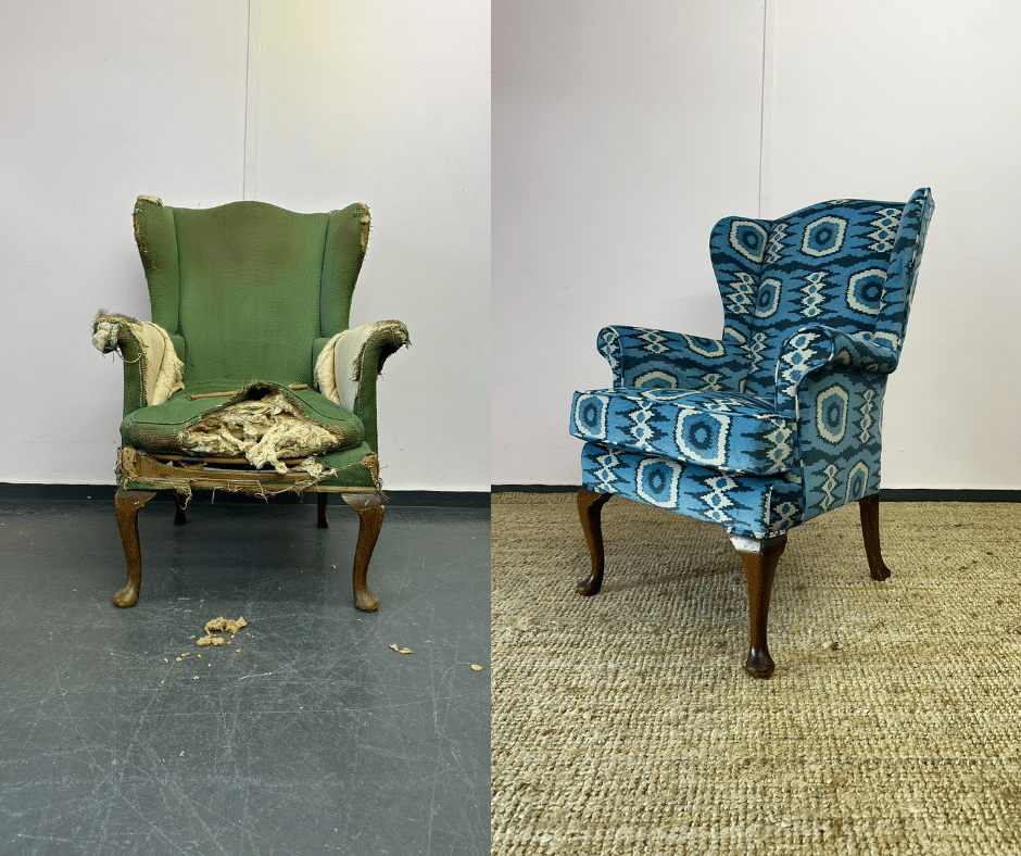 Before and after of chair that has been reupholstered by an expert