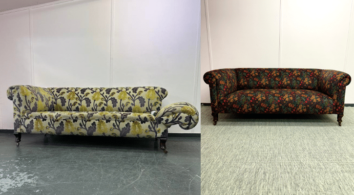 Before and after of a Chesterfield sofa that has been reupholstered by an expert