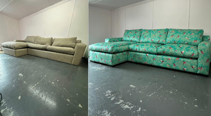 L-shaped sofa before and after being reupholstered by an expert